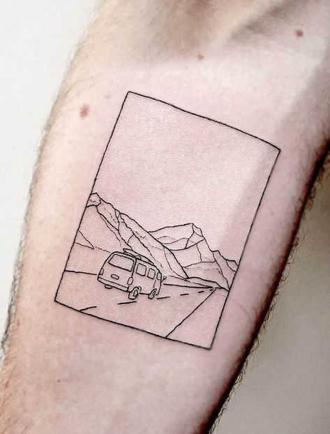 38 Travel Tattoos And Symbols To Fuel Your Wanderlust - Our Mindful Life Tattoo In Frame Ideas, Van Tattoo Minimal, Travel Minimal Tattoo, To Build A Home Tattoo, Men Car Tattoo Ideas, Take The Road Less Traveled Tattoo, Travel Patchwork Tattoo, Simple Road Tattoo, Men Travel Tattoo