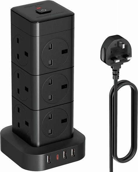 Tower Extension Lead 12 Way 1 Type C 3 USB Ports Multi Plug Black Vertical Power 2M Cord 3250W 13A     Features   Turn 1 Socket into 12 Outlets 4 USB Ports --- 12 way extension lead is able to handle 16 devices simultaneously. This vertical power extension has 4 USB ports. Max output 3.4A/17W in total. USB-C delivering 3.0A Max, each USB-A 2.4A Max. It can automatically detect your devices and deliver the optimal working speed.   Overload Reset Protector --- Tower extension lead with usb has a red reset button. It's activated to break off the power if the electrical current is overloaded. The usb extension lead also has one key ON/OFF power switch. Make it easier to control all outlets/ports at once when not in use.   Space-Saving Vertical Tower Design --- The extension lead with switch fu Extension Plug, Socket Organizer, Extension Lead, Led Accessories, Tower Design, Plug Socket, Extension Cord, Electrical Supplies, Diy Organization