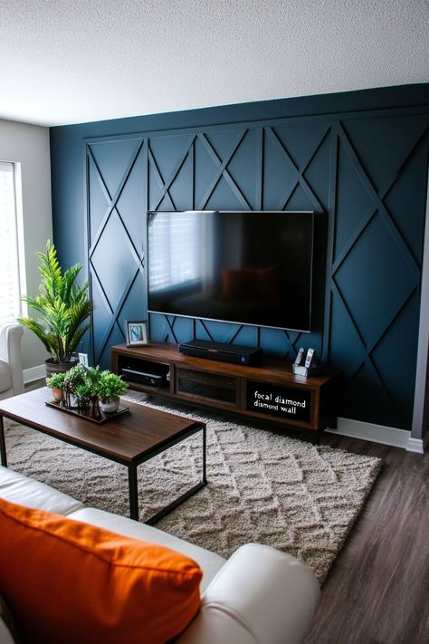 accent-wall-behind-tv Accent Wall Dark Blue, Diy Wood Accent Wall Living Room, Diy Accent Wall Behind Tv, Long Accent Wall, Accent Wall Colors Living Room, Window Accent Wall, Accent Wall Office, Wall Accent Ideas, Accent Wall Behind Tv