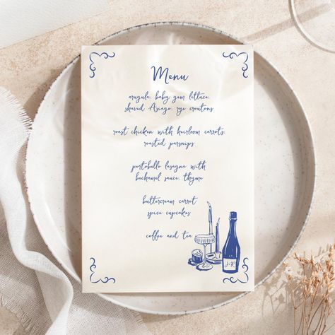 Sweet Whimsical Handwritten Illustrated Wedding Menu Whimsical Classic Wedding, Italian Menu Design Ideas, Handwritten Menu Cards, Whimsical Wedding Signage, Wedding Menu Place Setting, Buffet Menu Wedding, Menu Handwritten, Menu Design Wedding, Spanish Menu