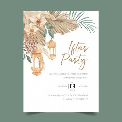 Vector bohemian iftar party invitation t... | Premium Vector #Freepik #vector #boho-invitation #boho-chic #boho-wedding #watercolor-boho Iftar Party Invitation, Vintage Wedding Stationery, Gold Wedding Stationery, Wedding Badges, Iftar Party, Eid Card Designs, Elegant Wedding Stationery, Floral Wreath Wedding, Floral Wedding Invitation Card