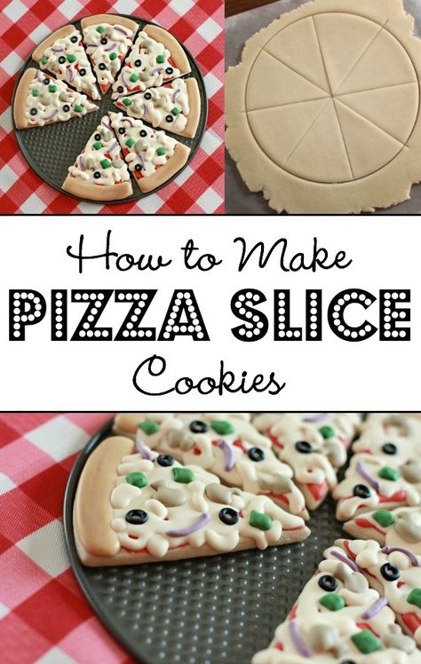 Diy Pizza Cookies, Cookies That Look Like Food, Pizza Shaped Cookies, Pizza Cookies Royal Icing, Cute Cookie Decorating Ideas, Pizza Cookies Decorated, Pizza Slice Cookies Decorated, Pizza Cookie Cake, Pizza Sugar Cookies