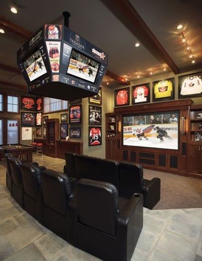 There are few things sadder than an unfinished basement. We’ve rounded up some fun basement remodeling ideas to inspire you. - MyHome blog http://www.myhomeus.com/blog/basements-just-want-to-have-fun/ Sala Cinema, Best Man Caves, Hockey Room, Ultimate Man Cave, Woman Cave, Sports Room, Man Room, Home Cinema, Sports Bar