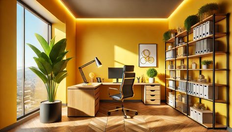 Choosing the right paint color for your office can make a big difference in how you feel and perform during the workday. Whether you're working from a home Yellow Study, Office Color Scheme, Small Bedroom Colours, Inspiring Office, Music Room Design, Office Paint Colors, Yellow Office, Office Paint, Office Color