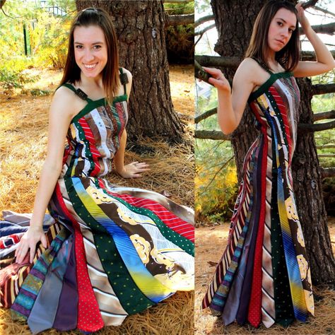 A dress made completely from upcycled men’s neckties Neck Tie Skirt Diy, Necktie Dress Diy, Skirt Made From Ties, Dress Made Of Ties, Tie Skirt Diy, Upcycle Ties, Tie Dress Pattern, Necktie Skirt, Neck Tie Projects