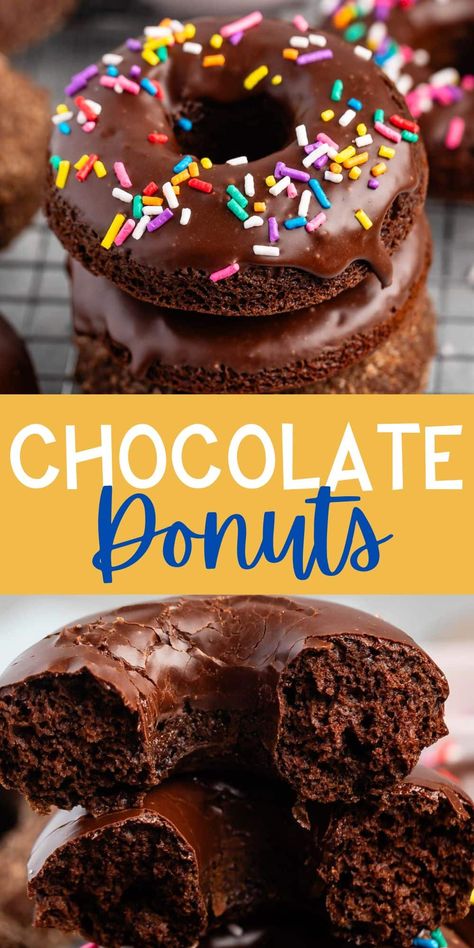 Make the BEST Baked Chocolate Donuts recipe - these are easy baked donuts with chocolate glaze or make them cinnamon sugar donuts! Homeschool Meals, Baked Donuts Easy, Donuts With Sprinkles, Donut Calories, Breakfast Donuts, Keto Donuts, Ganache Frosting, Holidays Ideas, Easter Breakfast