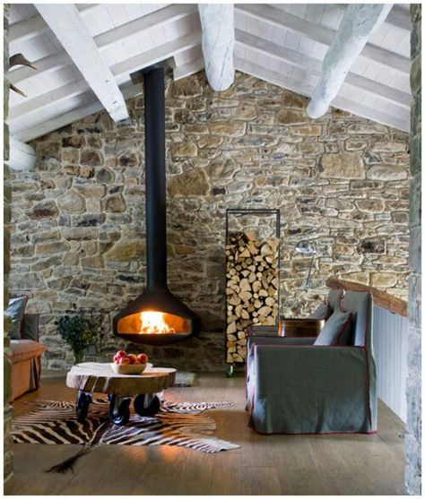 Stone Wall behind wood stove. Chalet Living Room, Design Camino, درج السلم, Wood Burning Fires, Log Burner, Home Fireplace, Wood Burner, Into The Woods, Fireplace Design