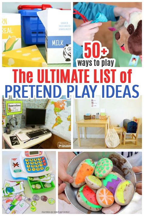 Pretend play ideas for kids including dramatic play, props, costumes and more! #pretendplay #dramaticplay #preschool #forkids Childminding Activities, Pretend Play Ideas, Play Ideas For Kids, Dramatic Play Activities, Toddler Games, Purposeful Play, Play Props, Dramatic Play Preschool, Dramatic Play Area