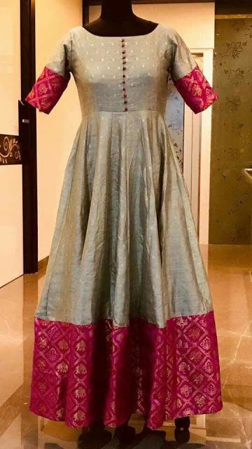 Dress made out of saree Pattu Saree Reuse Ideas, Dress Made Out Of Saree, Kathpadar Saree Dress Design, Dress Of Saree, Silk Saree Frock Dresses, Dresses Made From Sarees, Long Frock Neck Designs, Saree Frock Dresses, Kurti From Saree