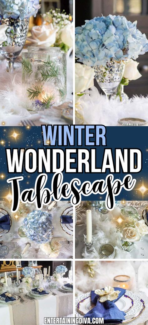 Winter Wonderland Tablescape | Tablescapes Blue And Silver Tablescapes, Snow Themed Centerpieces, Winter Wonderland Banquet Decor, Blue Christmas Tablescapes, Winter Wonderland Table Decor, Winter Wonderland Party Theme Decor, Christmas Table Decorations Blue, Winter Wonderland Dinner Party, Winter Wonderland Decorations Party