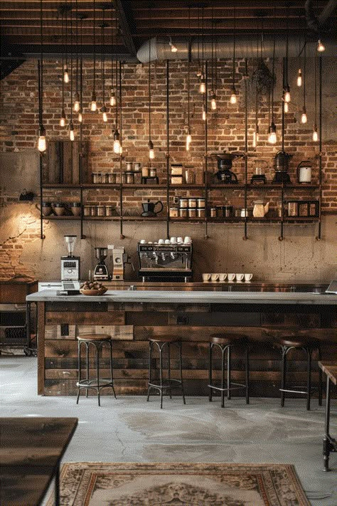 29 Coffee Bar Styling Ideas 4 Bar Design Ideas Pub, Industrial Design Bar, Cafe And Bar Design, Bistro Bar Design, Industrial Aesthetic Interior Design, Commercial Coffee Bar, Bar Ideas For Restaurants, Cool Cafe Interiors, Industrial Cafe Interior Design