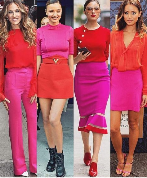 Pink and red outfits Pink Top Outfit, Pink Skirt Outfits, Pink Outfit Ideas, Pink Pants Outfit, Hot Pink Outfit, Neon Prom Dresses, Look Office, Look Rose, Looks Pinterest