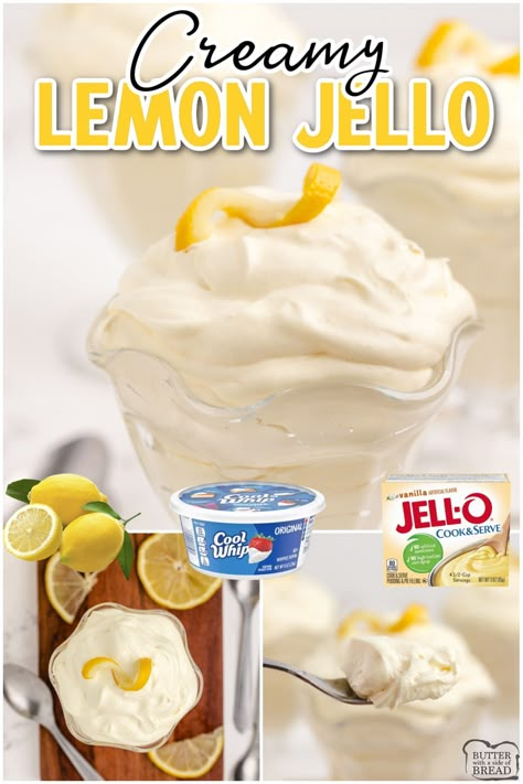 Creamy Lemon Jello made with just 3 ingredients! Easy Jello recipe made with jello, vanilla pudding and whipped topping for a simple and delicious dessert. Lemon Pudding Recipes, Jello Pudding Recipes, Jello Pudding Desserts, Jello Fluff, Jello Recipe, Cool Whip Desserts, Jello Dessert, Jello Dessert Recipes, Low Fat Desserts