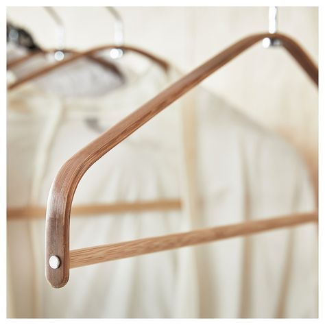 HÖSVANS Hanger, bamboo, Package quantity: 5 pack. Lightweight hangers with an elegant shape will keep all your blouses and shirts in place. Since they’re made of the natural material bamboo, each hanger has a unique wood grain. Hanger: Bamboo. Ikea Hangers, Bamboo Hanger, Bridal Shop Interior, Bamboo Species, Hangers Clothes, Cloth Hanger, Closet Hangers, Industry Design, Ikea Ireland