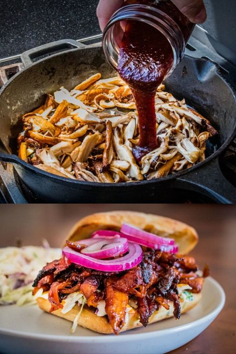 Vegan BBQ Recipe Mushroom Pulled Pork, Trumpet Mushrooms Recipe, Mushroom Meals, Bbq Mushrooms, Vegan Bbq Sauce, Trumpet Mushrooms, Mushroom Recipes Vegan, Vegan Meat Recipe, Pulled Pork Sandwiches