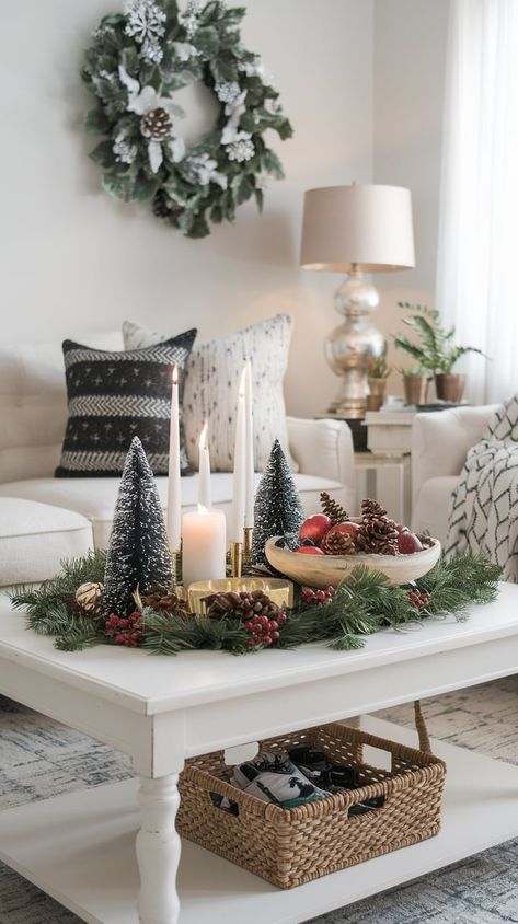 28 Christmas Coffee Table Decor Ideas » HomeQly.com Christmas Coffee Table Vignettes, Christmas Decor Coffee Table Ideas, Square Coffee Table Christmas Decor, Christmas Coffee Table Decorations, Living Room Center Table Decoration, Cozy Christmas Decor Living Room, Coffee Table Christmas Decor Trays, Christmas Coffee Table Decor Living Rooms, Side Table Christmas Decor