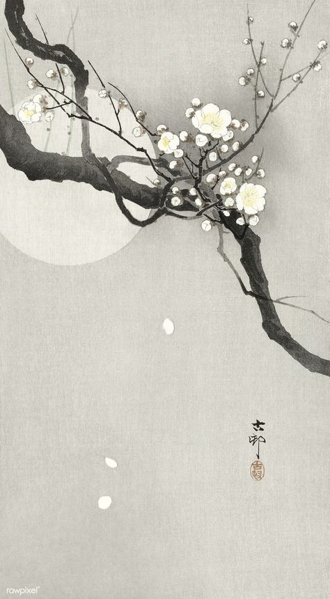 Illustration Japanese, Ohara Koson, Free Illustration Images, Japanese Art Prints, Japanese Wall Art, Moon Art Print, Illustration Botanique, Japanese Wall, Blossoms Art