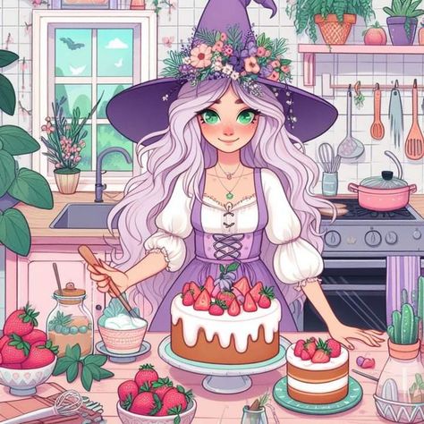 Art by Dreamy Witch Baking Witch Aesthetic, Pastel Witch Art, Pastel Witch Aesthetic, Witch Animal, Country Witch, Fantasy Journal, Candy Witch, Pastel Witch, Renn Faire