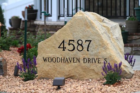 Looking for a unique address marker that accents the beauty of any home? Here's one of our limestone boulders used as a address marker on a recent ‪landscape‬ project. Address Sign Ideas, Address Stone, Driveway Sign, Driveway Entrance Landscaping, Address Marker, Driveway Entrance, Landscaping With Boulders, Driveway Landscaping, Sign Ideas