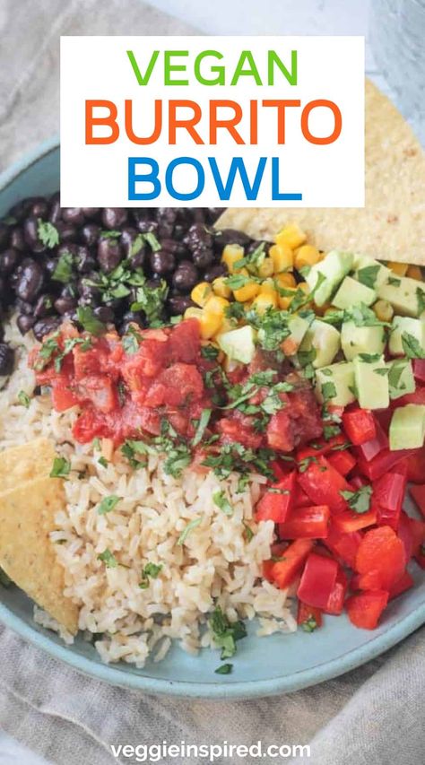 Super Simple Vegan Burrito Bowl - make this your go-to lunch or dinner in a pinch! Made using pantry staples, this vegetarian bowl takes less than 20 minutes, making it perfect for a weeknight meal! And it's budget friendly! Grab some tortilla chips and dig in to this easy meatless meal. Tofu Burrito Bowl, December Meals, Vegetarian Bowl, Vegan Burrito Bowl, Vegetarian Bowls, Vegan Burrito, Meatless Meal, Grain Bowls, Grain Bowl