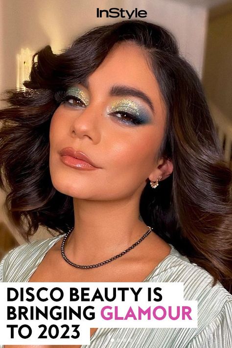 70s Glam Makeup, Disco Hair And Makeup, 70s Disco Hair, Vanessa Hudgens Makeup, 70s Make Up, 70’s Makeup, 70s Inspired Makeup, 70s Disco Makeup, 70s Makeup Look