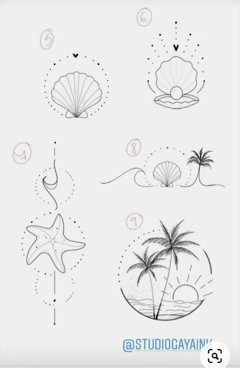 Beach Tattoos For Women, Line Art Ocean, Feminine Dragon Tattoo, Tropisches Tattoo, Tattoo Line Art, Beach Tattoos, Seashell Tattoos, Ocean Tattoo, Shell Tattoos