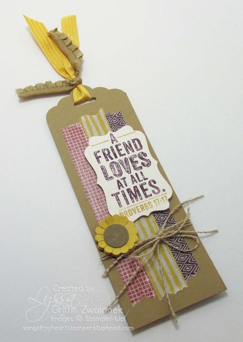 Have you tried making a bookmark with the new Tag Topper Punches from Stampin' Up? You will love how easy it is! Cut your cardstock to 5.5 by just a hair under two inches (it slides better in the punch that way). You can get 8 bookmarks from a single sheet of 8.5x11 cardstock! That makes this a fabulous project for school, social clubs, or ladies' meetings. I reccomend colored cardstock or the naturals specialty papers, rather than the thinner ultrasmooth vanilla and white varieties. The ... Fall Bookmarks, Autumn Bookmark, Recuerdos Primera Comunion Ideas, Washi Tape Projects, Creative Bookmarks, Bookmark Craft, The Punch, Scrapbooking Techniques, Flip Cards