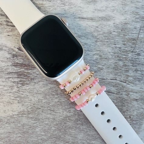 Band Bling 4pc Stack Beaded Pearl Multiple Co Watch Decoration Ideas, Diy Watch Charms, Apple Watch Beaded Bands, Samsung Watch Aesthetic, Apple Watch Bracelet Stack, Pearl Beads Ideas, Apple Watch Band Charms, Apple Watch Charms, Apple Watch Cover