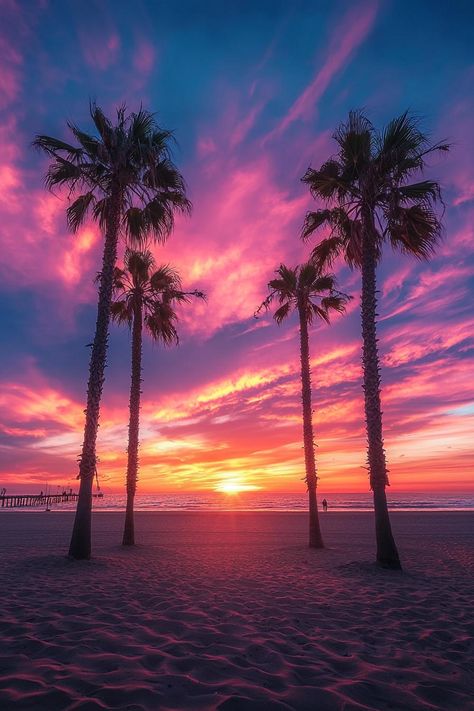 Step into a world of tranquil beauty with "Twilight Palms: A California Sunset in Vibrant Hues." This stunning photograph captures the iconic silhouette of palm trees set against a fiery sunset sky at the beach. The blend of deep purples, pinks, and oranges in the sky creates a mesmerizing backdrop, perfectly complementing the calm waves of the ocean. Whether you're looking to bring a piece of California's coast into your home or searching for the perfect gift for a beach lover, this artwork will add a touch of serenity and vibrancy to any space. Product Ideas: Framed Art Prints: Showcase this vivid sunset in a beautifully framed print, perfect for adding a splash of color and a touch of coastal elegance to any room. Canvas Wall Art: Turn this sunset scene into a large canvas print, ideal Cool Sunset Pictures, Romantic Sunset Aesthetic, Orange Sunrise Aesthetic, Pretty Pictures To Paint, Pink And Orange Sunset Aesthetic, Sun Set Pictures, Beautiful Sunset Nature, Pink Beach Sunset, Purple Sunsets