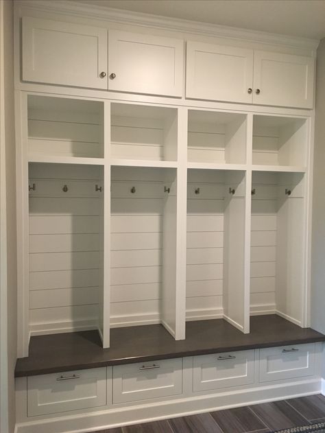 Mudroom Storage Cubbies, Mudroom Locker Ideas Entryway, Farmhouse Cubbies, Vaulted Ceiling Mudroom, Locker Room Mudroom, Under Tv Storage Cabinet, Cubbies With Bench, Mudroom Ideas Storage, Lockers Mudroom