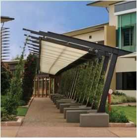 Sun Shading Architecture, Sidewalk Architecture, Parking Pergola, Pergola Architecture, Steel Pergola, Covered Walkway, Pedestrian Walkway, Carport Designs, Canopy Design