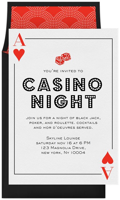 Ace of Hearts by Patrice Horvath Design | Greenvelope.com Poker Night Invitation, Casino Royale Gala, Casino Graphic Design, Poker Invitation, Casino Invitations, Playing Card Invitation, Cocktail Book Design, Casino Night Invitations, Casino Birthday Party