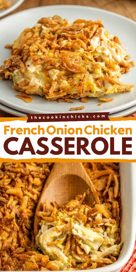 Elevate your weeknight dinner recipes by learning how to make the best french onion chicken bake out there! It's a simple comfort food at its finest that the whole family will love! So good! Tasty Onion Chicken, French Onion Chicken Noodle Casserole, Chicken French Onion Casserole, French Onion Chicken And Rice Casserole, Chicken With French Fried Onions, Crispy Chicken Casserole, Chicken Caseroles, Crispy Onion Chicken, French Onion Chicken And Rice