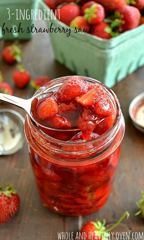 This easy strawberry sauce is the perfect way to use up an overabundance of fresh summer strawberries. Perfectly sweet and tangy, you’ll want to pour it over everything! Easy Strawberry Sauce, Sugared Strawberries, Mediterranean Desserts, Fruit Sauces, Plain Cheesecake, Strawberry Recipe, Sweet Sauces, Homemade Strawberry Sauce, Fruit Sauce