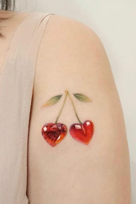 Cute cherry tattoo by Manda at Fleur Noire - Book with Fleur Noire on Tattoodo or find a tattoo studio near you! - #cherrytattoo #crystaltattoo #hearttattoo #realismtattoo #fruittattoo #hyperrealismtattoo #tattooart #tattooidea #rubytattoo #redtattoo #cutetattoo #femaletattooideas #tattooideasfemale #uniquetattoo Abstract Cherry Tattoo, Ruby Cherry Tattoo, Cherry Heart Tattoo, Cherry Tattoo Design, Tattoo Cherry, Cherry Tattoo, Gem Tattoo, Rose Shoulder Tattoo, Cherry Tattoos