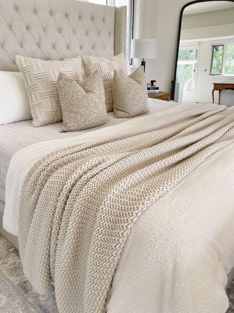 Creme Colored Bed, Neutral Bedding With Sage Green, Guest Bedroom Bedding Target, Bed With Beige Headboard, King Bed Comforter Sets Master Bedrooms, Sage Color Decor, Beige Bedding Set, Natural Bedding Ideas Bedrooms, Decorative Blanket On Bed