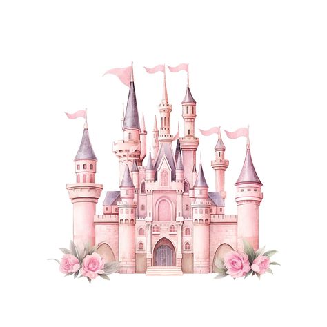 Disney Castle Clipart, Baby Girl Watercolor, Watercolor Castle, Drawings Of Flowers, Castle Cartoon, Pencil Drawing Inspiration, Princess Watercolor, Castle Clipart, Fairy Kingdom