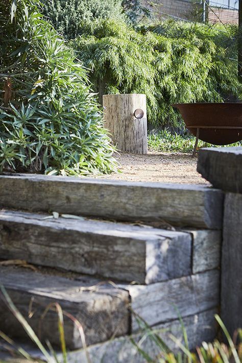 Timber Sleeper Steps, Westringia Fruticosa, Australian Garden Design, Eco Outdoor, Landscaping On A Hill, Australian Native Garden, Railway Sleepers, Garden Stairs, Front Garden Design