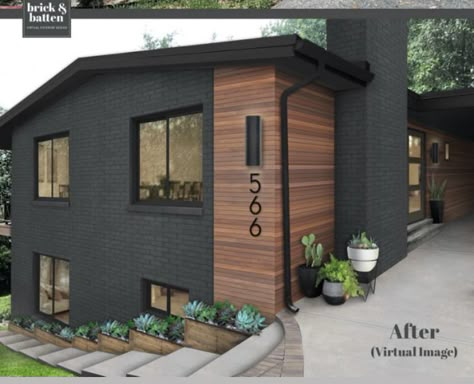 Front Of House Wood Accents, Small Black House Exterior, Dark Stucco Exterior House Modern, Black House With Wood Accents, Black House Exterior Wood Accents, Dark Grey Mid Century Modern Exterior, Greenblack Sw Exterior, Black Brick Mid Century House, Black Wood Facade