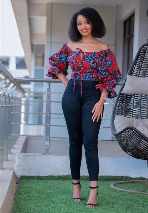 Ankara Blouse Styles For Jeans, Ankara Blouse Styles, African Print Blouse, Ankara Top Styles, Chitenge Outfits, Ankara Blouses, Ankara Blouse, African Print Shirt, Ankara Tops