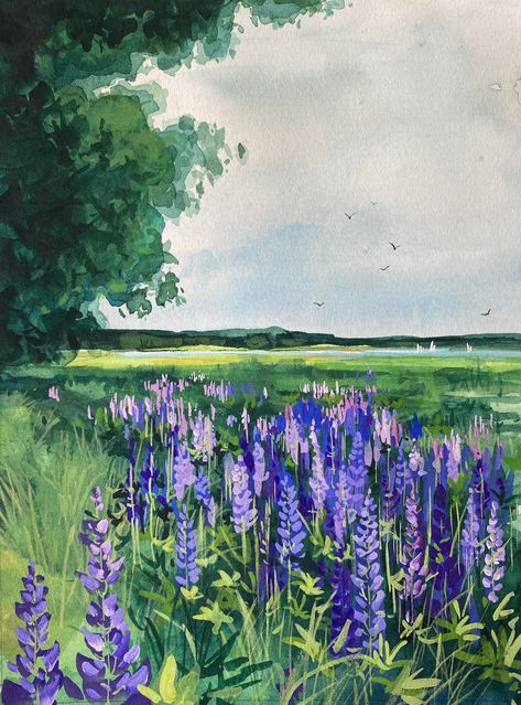 Sumer Landscape, Dragon Mother, Plant Paintings, Gauche Painting, Lupine Flowers, Camden Maine, Acrylic Flower Painting, Colour Flowers, Forest Watercolor