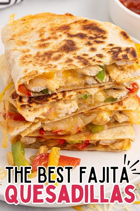 Transform your weeknight meals with these Chicken Fajita Quesadillas! Packed with tender chicken, colorful peppers, and gooey melted cheese, this simple recipe brings a burst of Tex-Mex flavor to your table. Customize with your favorite toppings for a delicious, handheld treat that everyone will love! #TexMex #Quesadilla #EasyDinner Casidilla Recipes Chicken Quesadillas, Chicken Fajita Quesadilla, Chicken Fajita Quesadillas, Fajita Quesadilla, Quesadilla Fillings, Dinner With Chicken, Chicken Quesadilla Recipe, Chicken Fajita, Soft Tacos