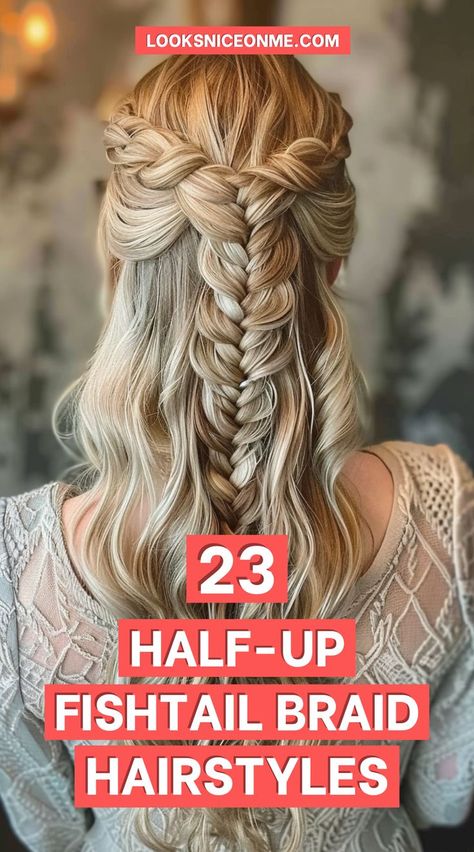 In this article, you’ll discover various half-up fishtail braid hairstyle ideas that are easy to recreate and suitable for different hair types and lengths. Whether you’re aiming for a romantic, boho look or a sleek, polished style, there’s a fishtail braid hairstyle here for you. Fishtail Half Up, Half Up Fishtail Braid, Fishtail Braid Wedding, Braid Hairstyle Ideas, Boho Bridesmaid Hair, Formal Event Hair, Long Textured Hair, Messy Hair Tutorial, Fishtail Braid Hairstyles