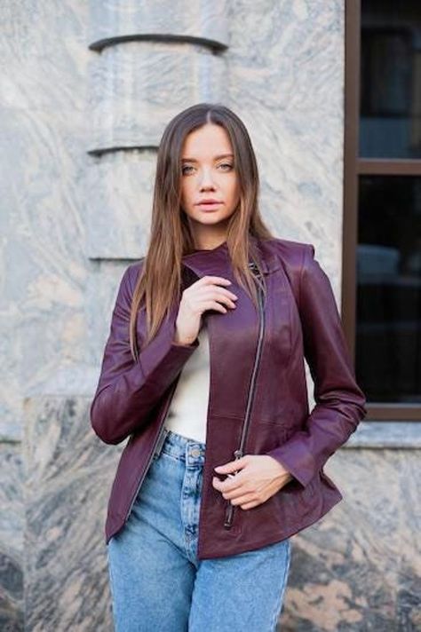 magenta-leather-jacket-for-women Racer Leather Jacket, Ring Snap, Cafe Racer Leather Jacket, Burgundy Leather Jacket, Casual Dressing, Magenta Color, Sheep Skin, Snap Ring, Leather Jackets Women