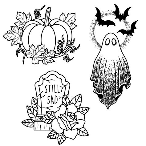 Nicole Harvey on Instagram: “Halloween flash !!! 🎃👻 #tattooflash #halloweentattoo #halloweenflash #pumpkintattoo #ghosttattoo #gravestonetattoo #traditionaltattoo…” Halloween Pinup Tattoo Flash, Halloween Line Work Tattoo, Free Tattoo Stencils, Halloween Tattoo Traditional, Fall Flash Tattoo, Halloween Flash Sheet Tattoo, Halloween Tattoo Sleeve, Halloween Flash Art, Halloween Flash Tattoo