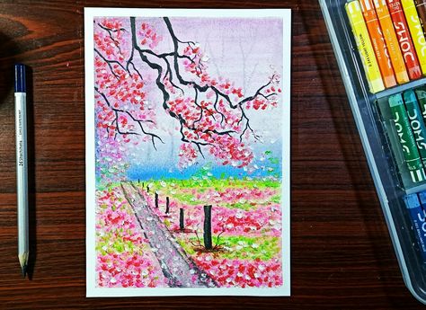 Pink Tree Drawing, Draw Cherry Blossom, Spring Season Drawing, Pastel Landscapes, Oil Pastel Landscape, Crayon Drawings, Quilling Earrings, Pink Tree, Oil Pastel Paintings