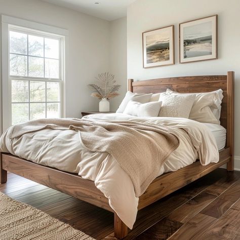 Our beautiful bed frames and headboards offer the perfect modern touch to your bedroom. Each bed is meticulously handcrafted using beautiful hardwood, which looks perfect in modern, contemporary, rustic, or farmhouse décor. It's an heirloom piece that you'll have in your home for years to come. We handcraft everything from scratch, in some cases drying the wood ourselves to be sure of its quality before it makes it into your home. We're a team of woodworkers that are passionate about creating be Wooden Bed Frame And Headboard, Ca King Bed Frame, Wooden Bed Frame Styling Rustic, Wooden Bed Farmhouse, Walnut Headboard Master Bedrooms, Tall Bed Frame Ideas, Light Wood Floor Bedroom Ideas, Wooden Headboard Bedroom Ideas, California Bedroom Aesthetic