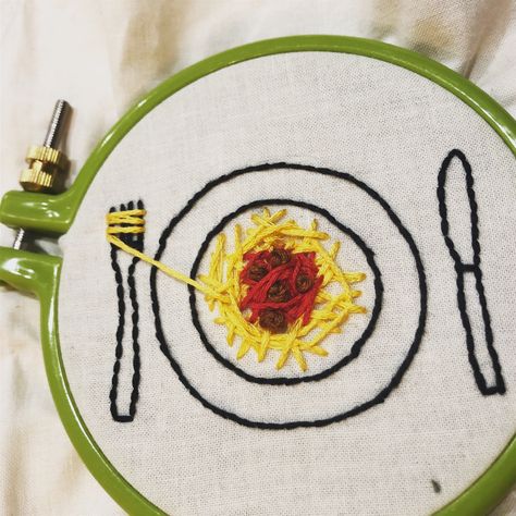 Embroidery Food Ideas, Quirky Embroidery Ideas, Spaghetti Embroidery, Breakfast Embroidery, Pasta Embroidery, Silly Embroidery, Cooking Embroidery, Tshirt Embroidery Ideas, Embroidery Tshirt Ideas