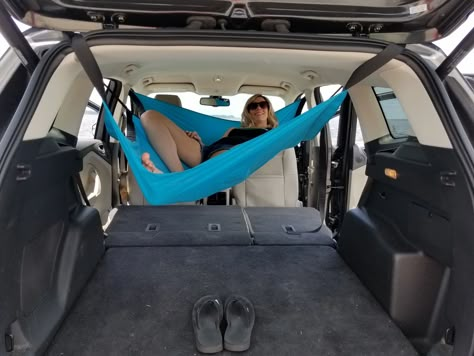 Suv Camping Accessories, Van Hammock Bed, Car Camping Gadgets, Car Camping 4runner, Hammock In Van, Compact Car Camping, Car Camping Suv, Suv Hammock, Car Camping Set Up