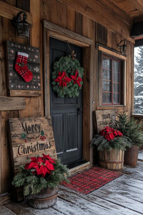 20 Creative Farmhouse Christmas Decor Ideas You’ll Love in 2024 11 Hunting Cabin Christmas Decor, Winter Front Porch Decor Rustic, Cabin Porch Christmas Decor, Barndominium Christmas Lights, Rustic Christmas Outdoor Decorating, Cozy Outdoor Christmas Decor, Country Christmas Door Decorations, Christmas Shed Decor, Country Rustic Christmas Decor